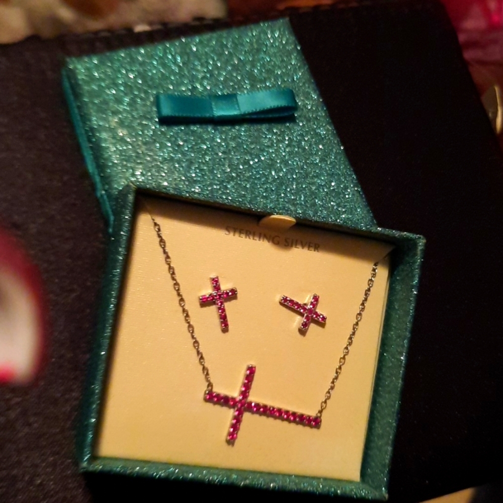 NIB 3Piece RUBY JULY BIRTHSTONE GENUINE SOLID STERLING SILVER GIFT SET CROSS
